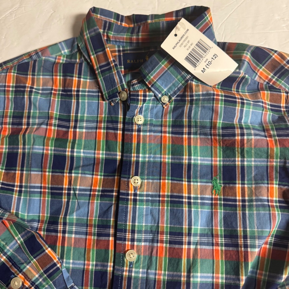 Polo Ralph Lauren Boys Blue Green Orange Plaid Button Down Shirt M 10-12 NWT